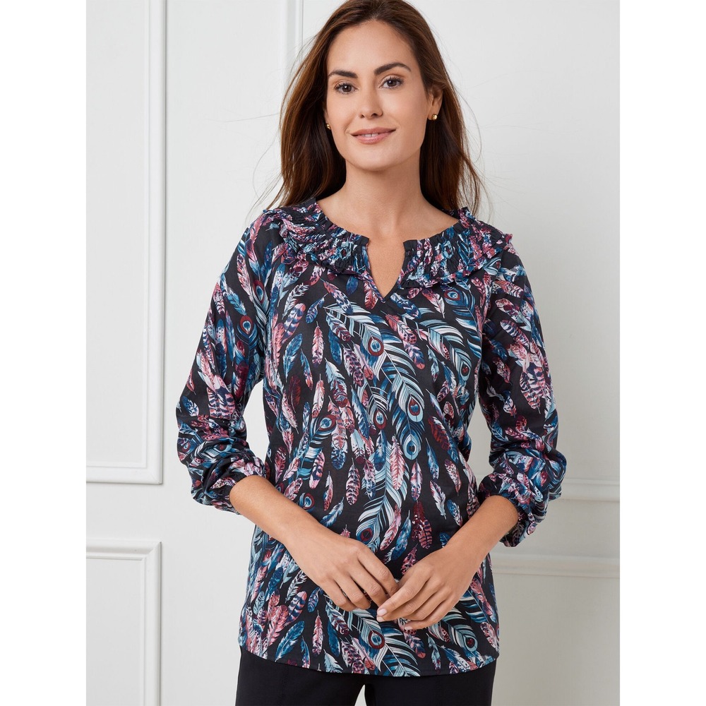 Talbots Smocked Cotton Popover Blouse Size MP Falling Feathers Lightweight Boho‎